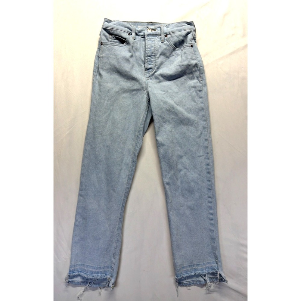 Old Navy Sky Hi Straight Extra High Rise Jeans Womens 2 Blue Denim Frayed Hem